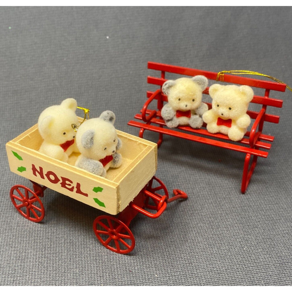 VTG Avon Flocked Christmas Ornaments Teddies in Wagon Teddy Bear on Bench NOEL - Picture 1 of 12